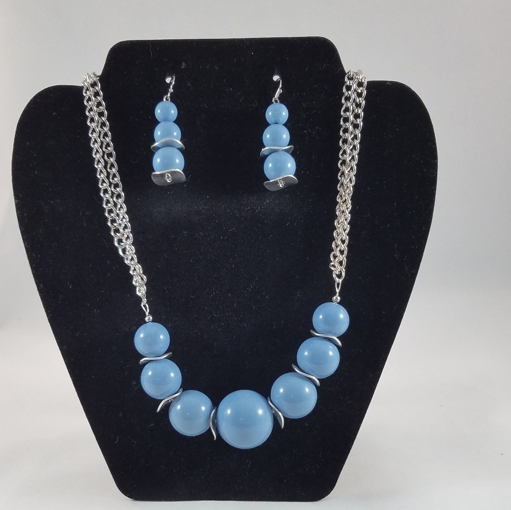 Hand Crafted Necklace and Earrings Set Sky Blue Graduated Beads Silver Findings
